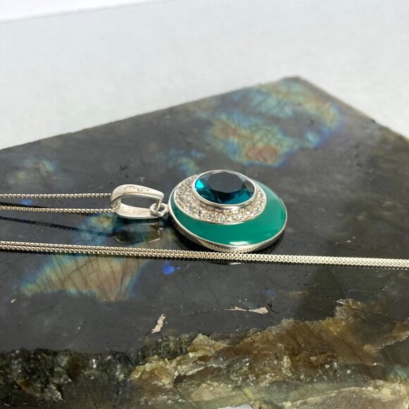 Sterling Silver 925 David Sigal Round Turquoise Enamel Pendant Necklace 20" - Picture 3 of 16